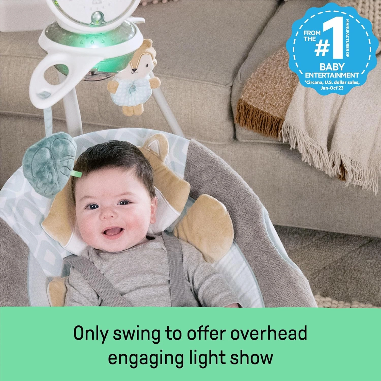 Ingenuity InLighten 5-Speed Baby Swing - Swivel Infant Seat, 5 Point Safety Harness, Nature Sounds, Lights - Kitt Fox