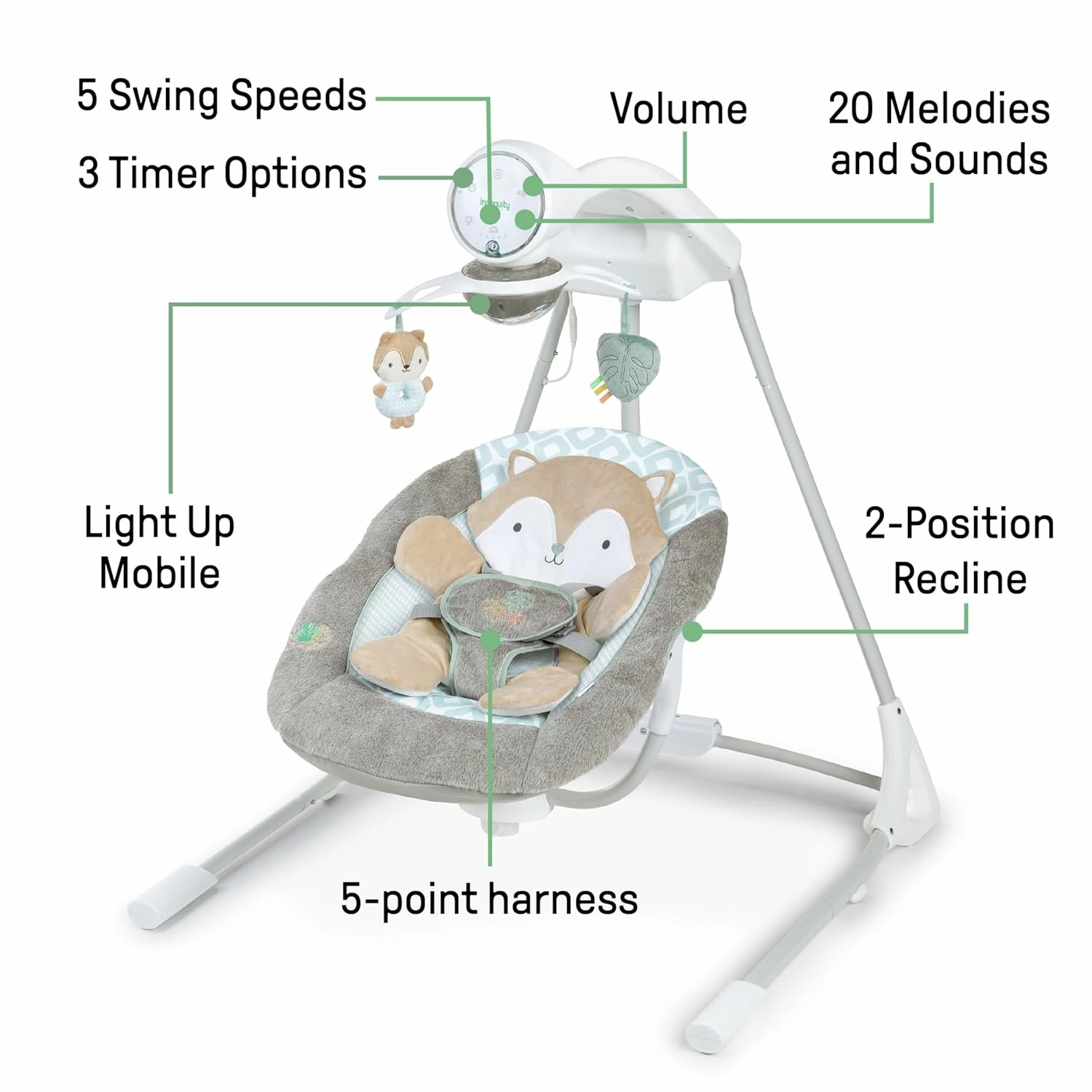 Ingenuity InLighten 5-Speed Baby Swing - Swivel Infant Seat, 5 Point Safety Harness, Nature Sounds, Lights - Kitt Fox