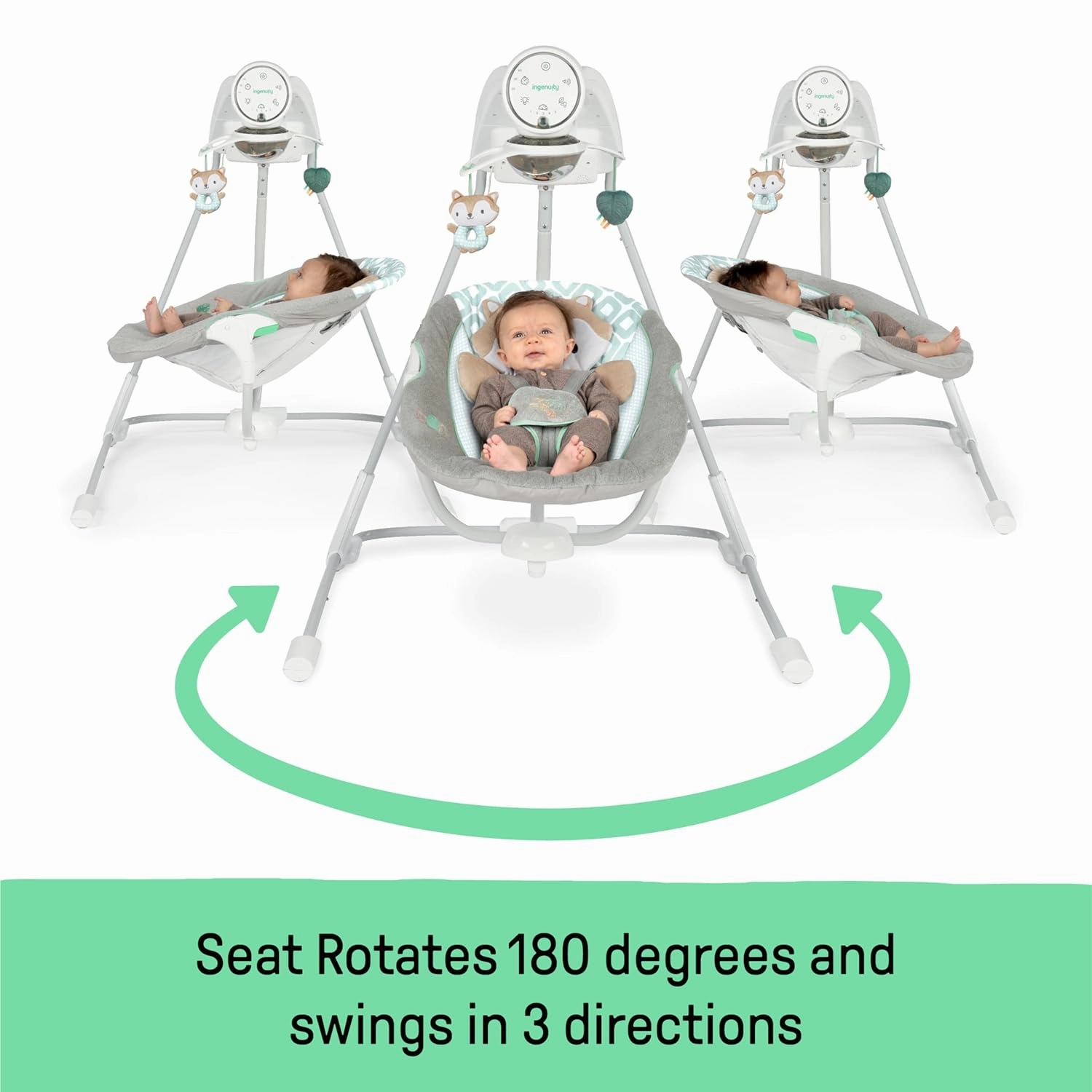 Ingenuity InLighten 5-Speed Baby Swing - Swivel Infant Seat, 5 Point Safety Harness, Nature Sounds, Lights - Kitt Fox
