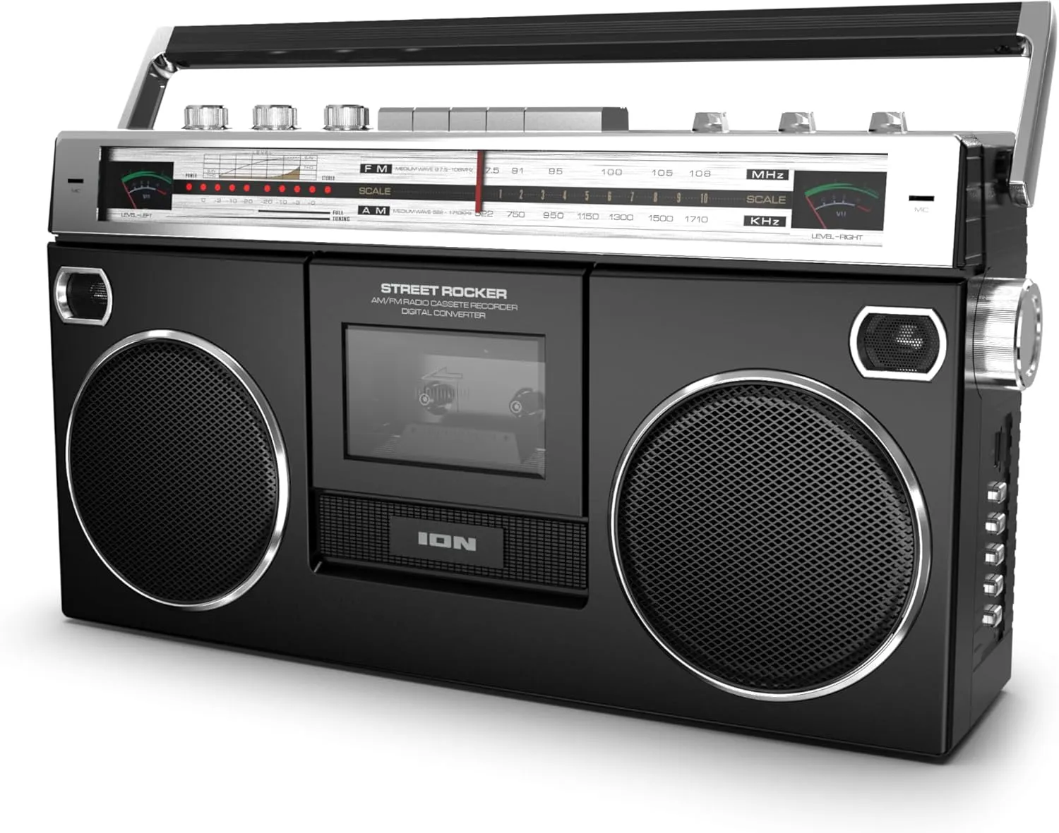 Ion Audio 1980S-Style Portable Bluetooth Boombox AM/FM Radio Cassette Player Recorder, VU Meters, USB Recording, Dual Full-Range High Bass Speakers (Black)