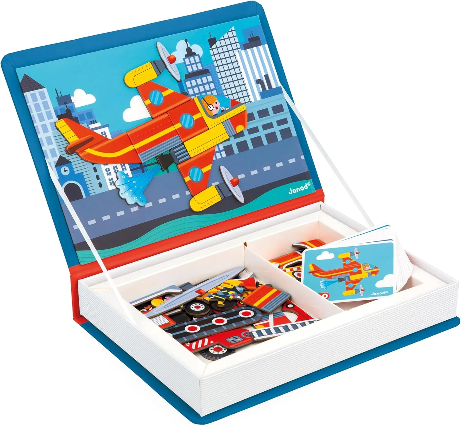 Janod - Magnéti'Book Firefighters - Magnetic Educational Game 60 Magnets   18 Models - Children's Toy Made of Cardboard - Develops Dexterity and Creativity - Suitable for Ages 3 and Above
