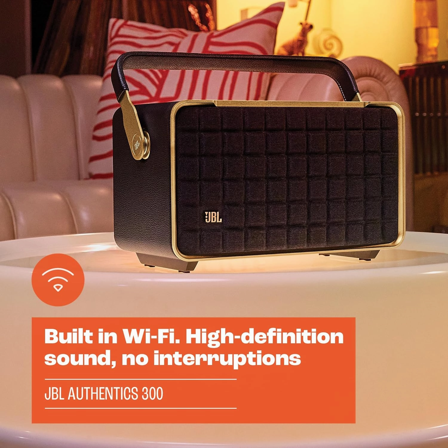 JBL Authentics 300 - Retro Style Wireless Bluetooth/WiFi Home Speaker, Built in Battery (4800mAh), Music Streaming Services via Built-in Wi-Fi, Built in Alexa and Google Assistant (Black/Gold)