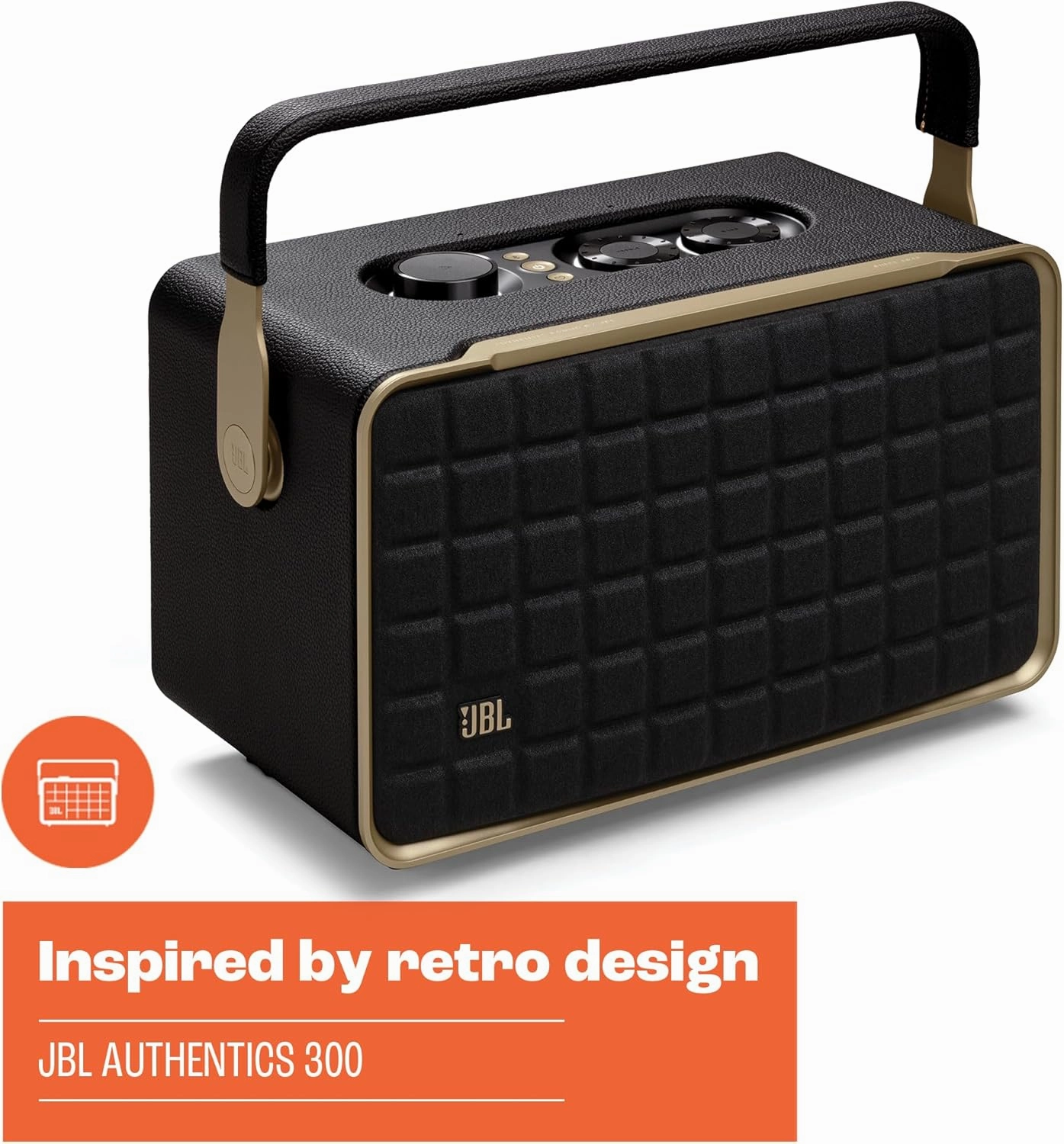 JBL Authentics 300 - Retro Style Wireless Bluetooth/WiFi Home Speaker, Built in Battery (4800mAh), Music Streaming Services via Built-in Wi-Fi, Built in Alexa and Google Assistant (Black/Gold)
