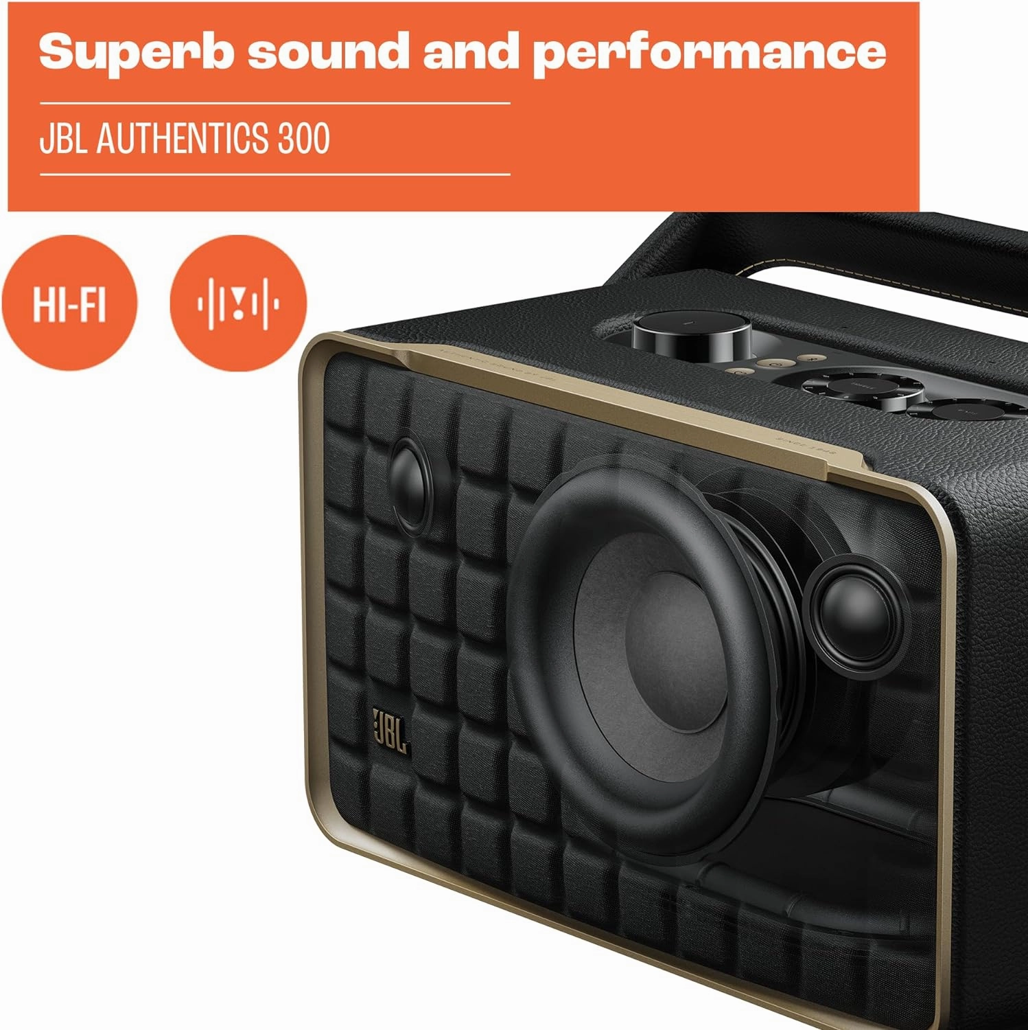 JBL Authentics 300 - Retro Style Wireless Bluetooth/WiFi Home Speaker, Built in Battery (4800mAh), Music Streaming Services via Built-in Wi-Fi, Built in Alexa and Google Assistant (Black/Gold)