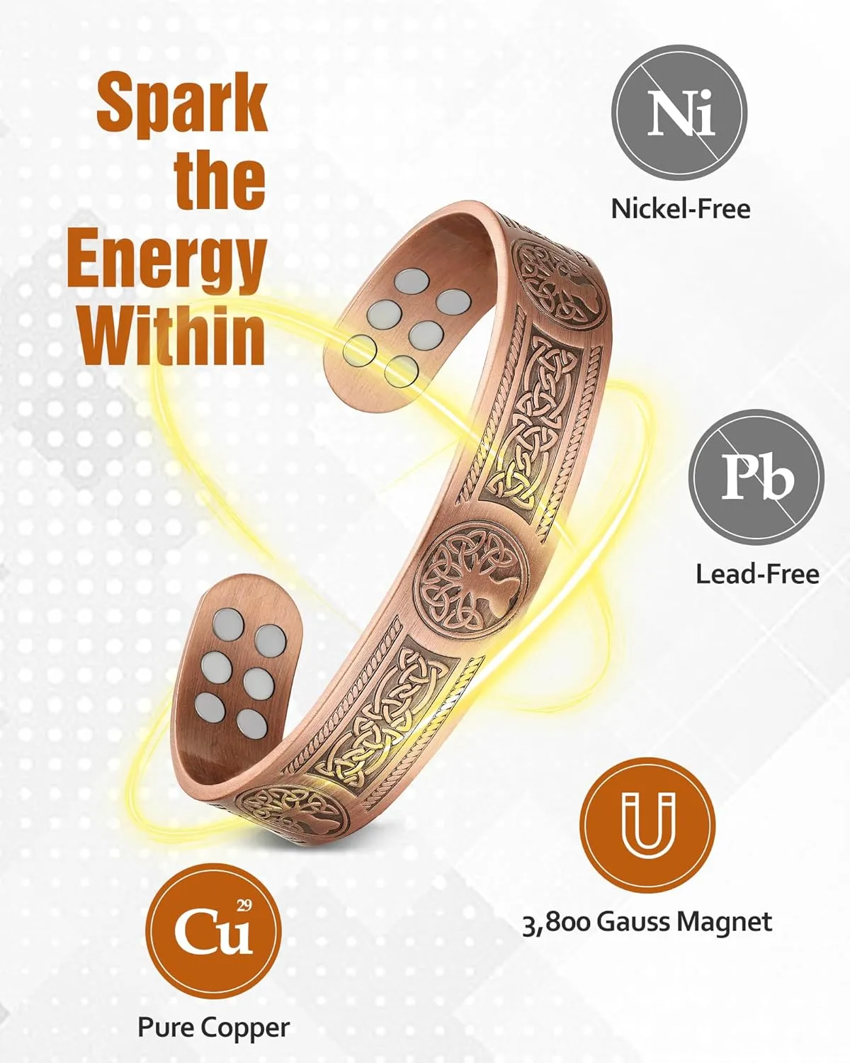 Jecanori Copper Bracelet for Men, 18X Strength Mens Magnetic Bracelets with 3,800 Gauss Magnets, 99.99% Pure Solid Copper Jewelry Gift