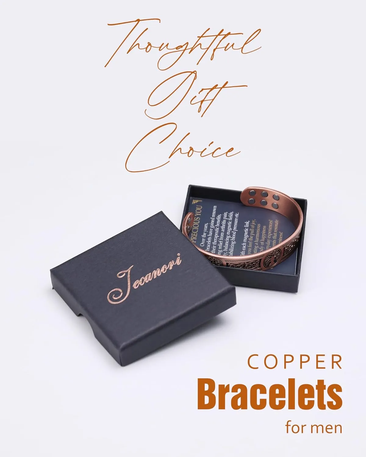 Jecanori Copper Bracelet for Men, 18X Strength Mens Magnetic Bracelets with 3,800 Gauss Magnets, 99.99% Pure Solid Copper Jewelry Gift