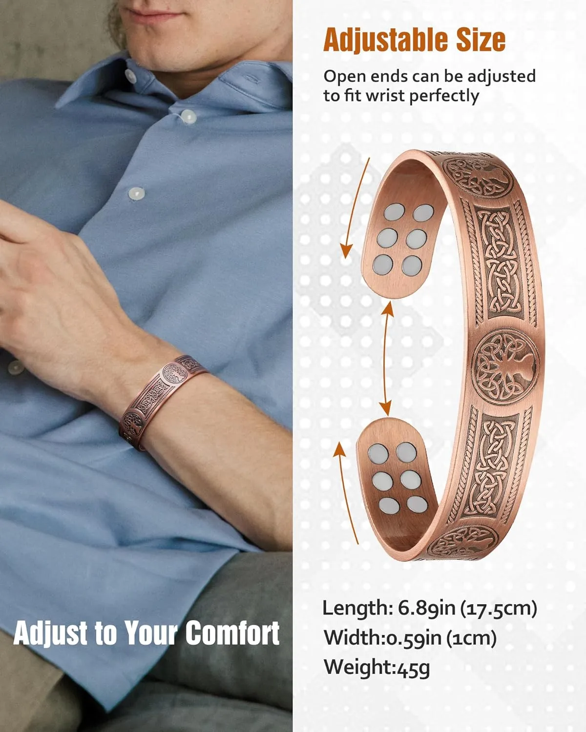 Jecanori Copper Bracelet for Men, 18X Strength Mens Magnetic Bracelets with 3,800 Gauss Magnets, 99.99% Pure Solid Copper Jewelry Gift