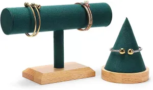 Jewelry Display Stand Jewelry Display Stand 2 Piece Green Velvet Jewelry Display Set, T-Bar Stand and Wood Bangle Bracelet Watch Holder for Exhibit/Trade shows/Retail stores Wall Mounted Jewelry Rack