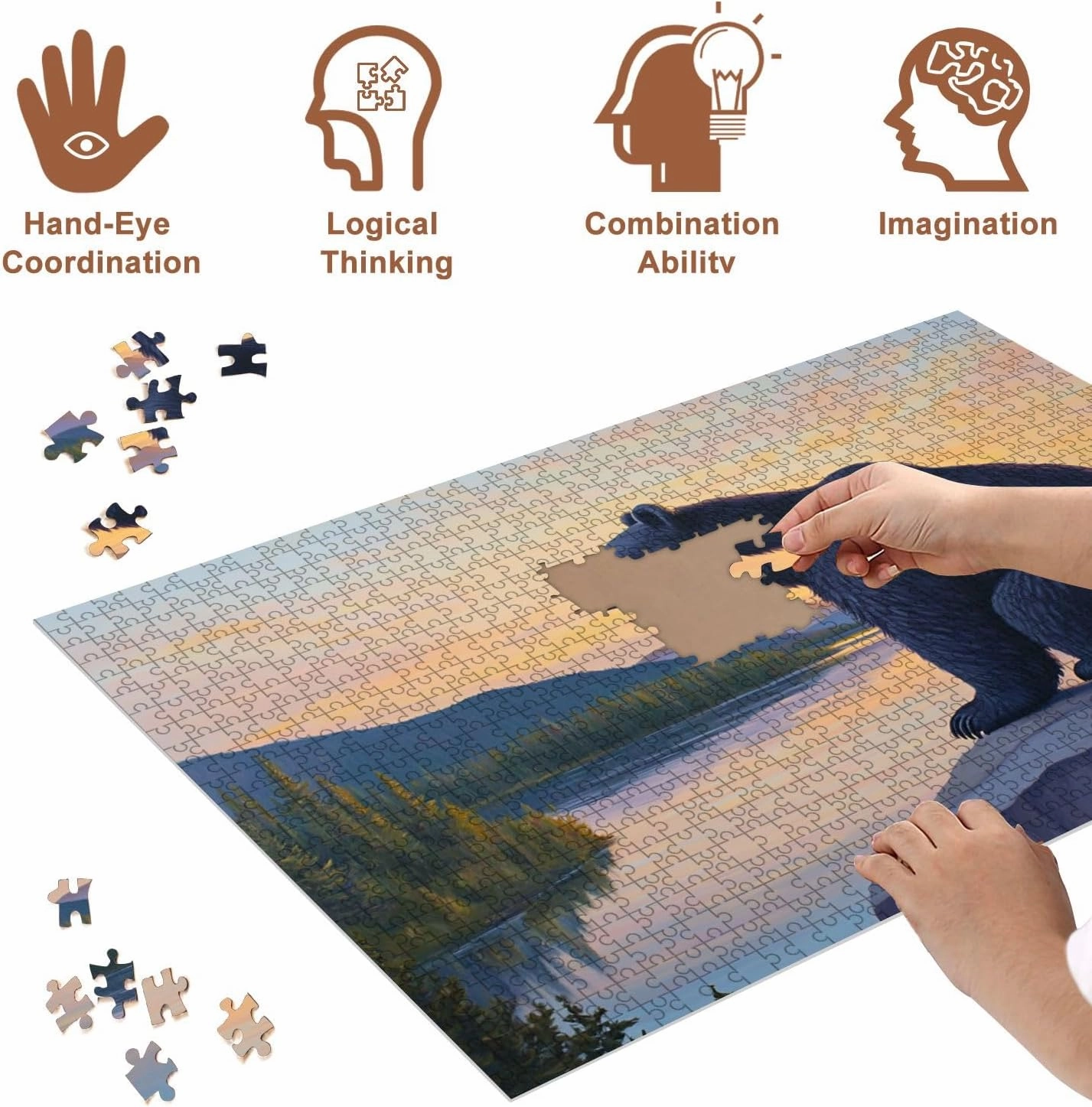 Jigsaw Puzzles 500 Pieces for Adult Bear Southwestern Cabin Forest Mountain Rustic Farmhouse Sunset River Puzzle Game for Family Wooden Puzzle Toy Educational Games Puzzles for Home Decor