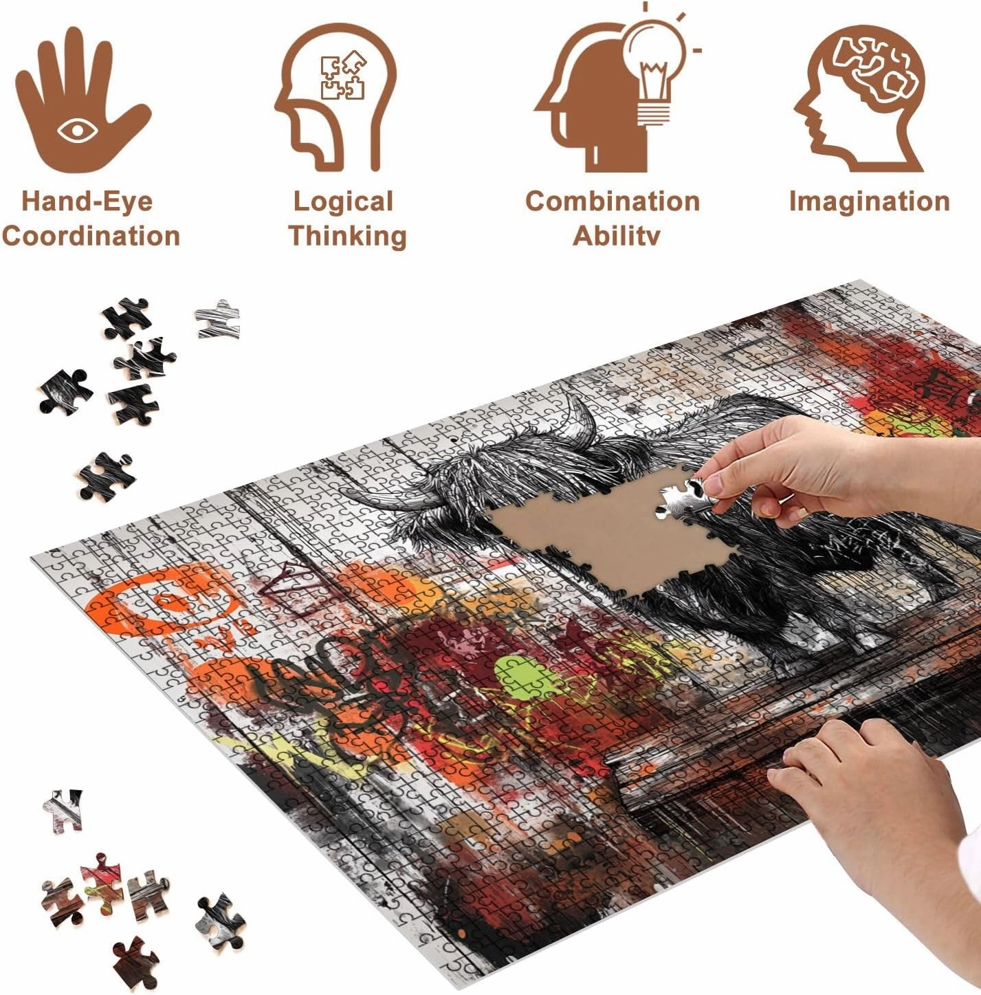 Jigsaw Puzzles 500 Pieces for Adult Mystical Highland Cow Drawing Surreal Urban Graffiti Art Puzzle Game for Family Wooden Puzzle Toy Educational Games Puzzles for Home Decor