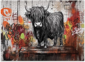 Jigsaw Puzzles 500 Pieces for Adult Mystical Highland Cow Drawing Surreal Urban Graffiti Art Puzzle Game for Family Wooden Puzzle Toy Educational Games Puzzles for Home Decor