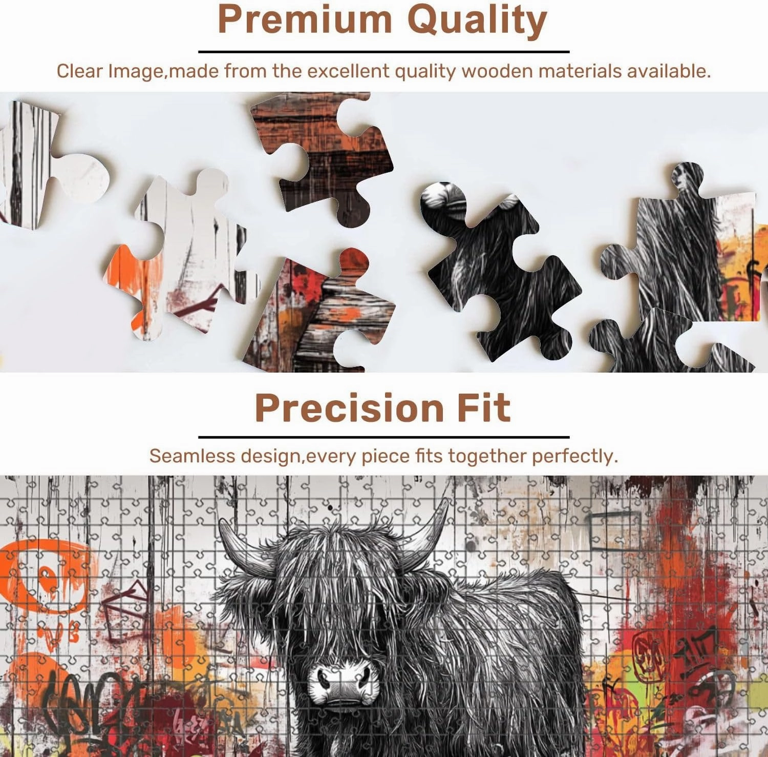 Jigsaw Puzzles 500 Pieces for Adult Mystical Highland Cow Drawing Surreal Urban Graffiti Art Puzzle Game for Family Wooden Puzzle Toy Educational Games Puzzles for Home Decor