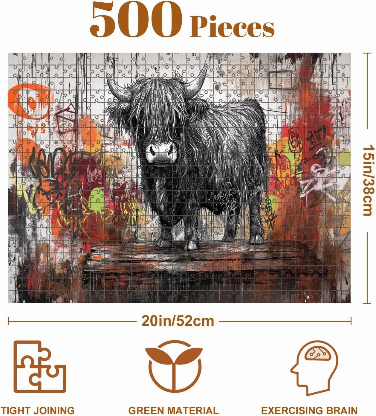 Jigsaw Puzzles 500 Pieces for Adult Mystical Highland Cow Drawing Surreal Urban Graffiti Art Puzzle Game for Family Wooden Puzzle Toy Educational Games Puzzles for Home Decor