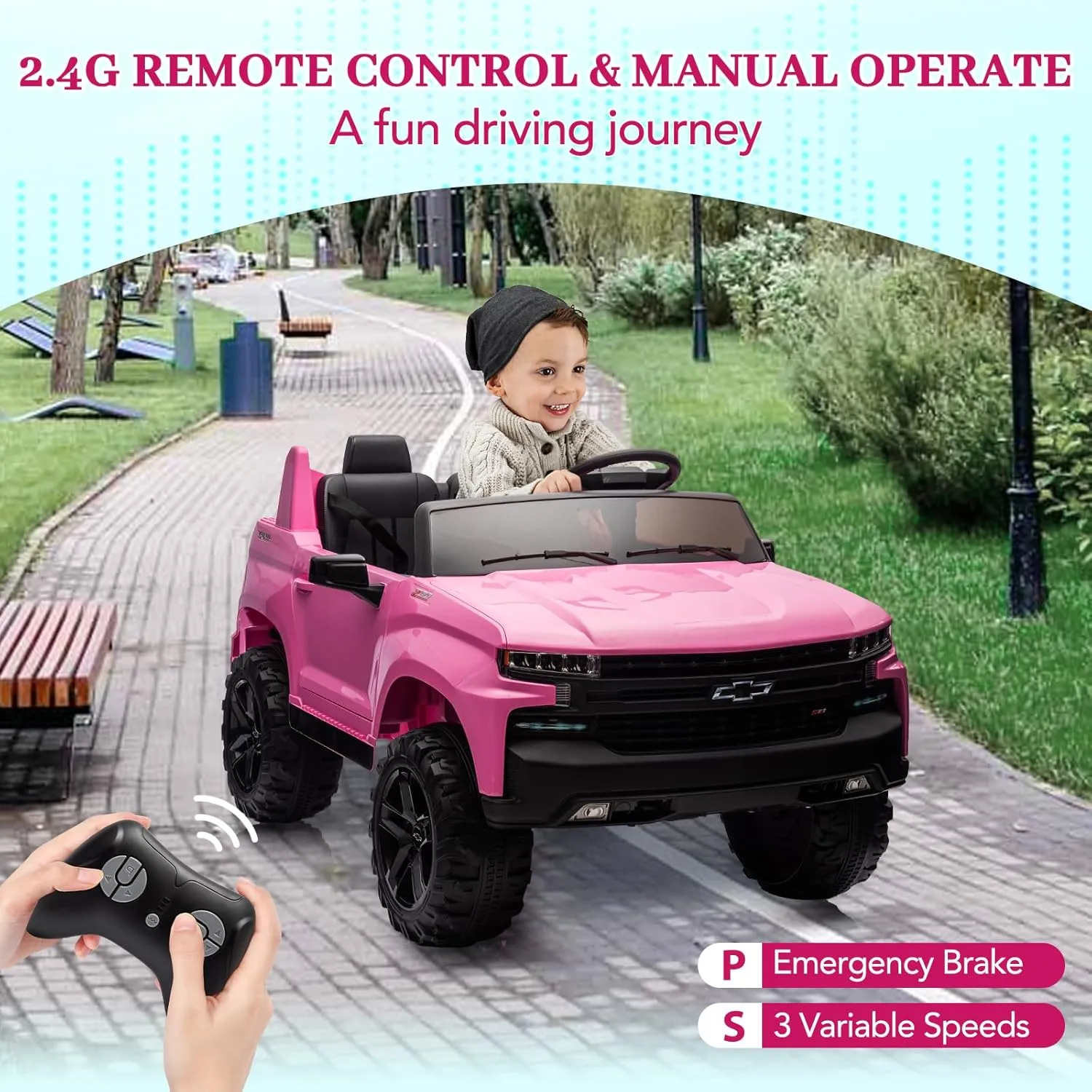 Jojoka Baby Car 24V 2-Seater Truck Licensed Chevrolet Silverado Ride On Toy w/Parent Remote Control,4xSpring Suspension, Wireless Music, Electric Vehicle Car for Kids Ages 3-8,Pink