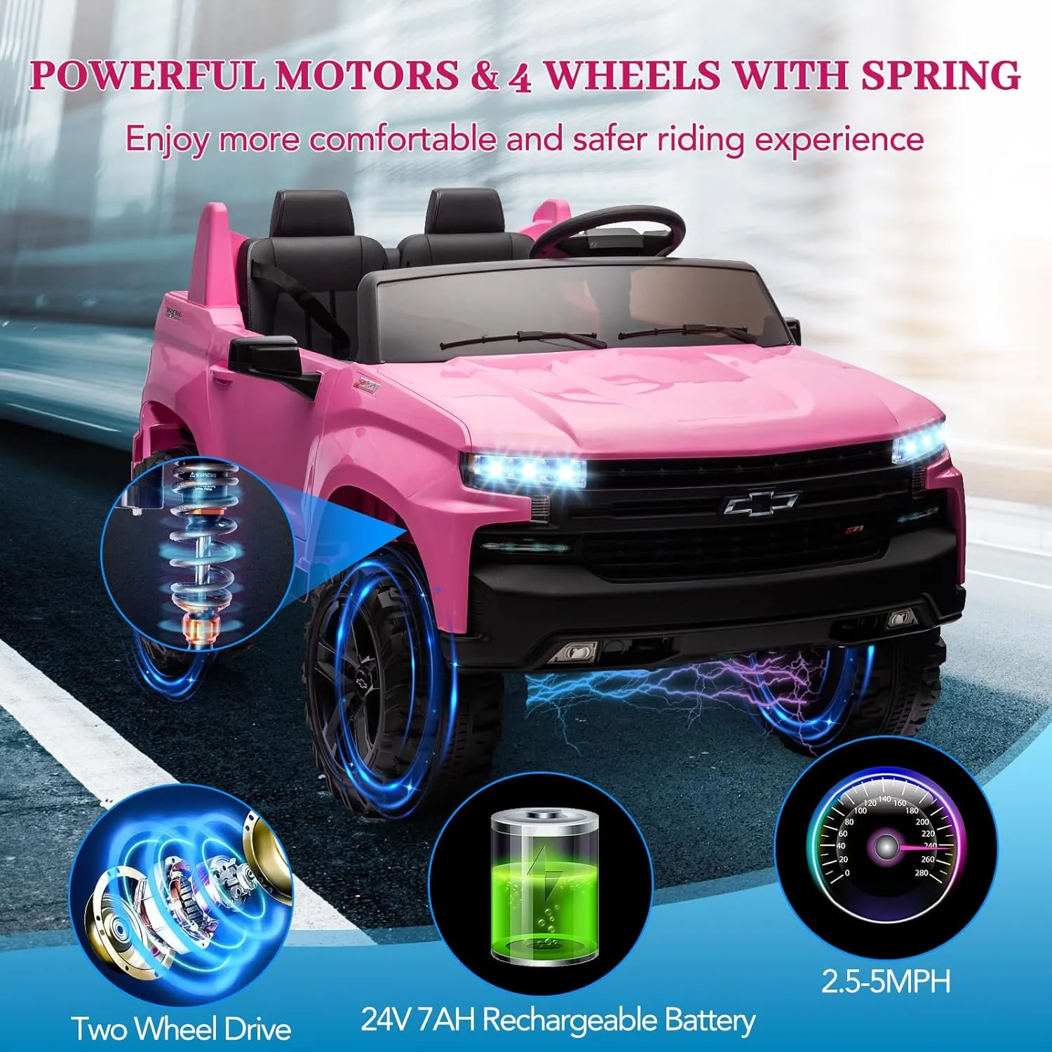Jojoka Baby Car 24V 2-Seater Truck Licensed Chevrolet Silverado Ride On Toy w/Parent Remote Control,4xSpring Suspension, Wireless Music, Electric Vehicle Car for Kids Ages 3-8,Pink