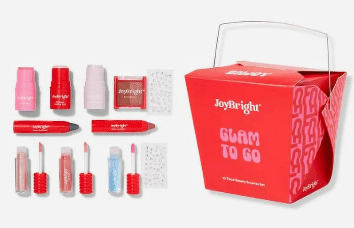 JoyBright Glam To Go Makeup Set, 10 Piece Collection with Lip Gloss, Lipstick, and Face Products