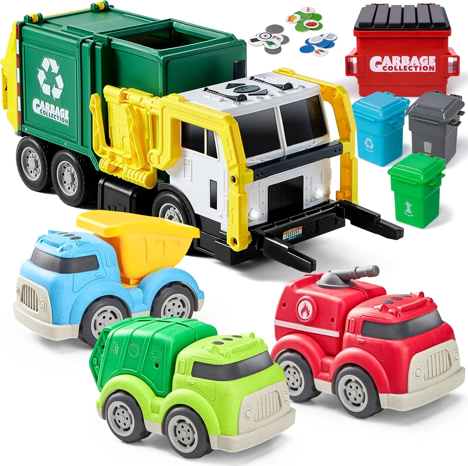 JOYIN Large Friction Powered Garbage Truck Toy Set and 3 Pack Trucks for Toddlers Includes Garbage Truck, Dump Truck and Fire Truck