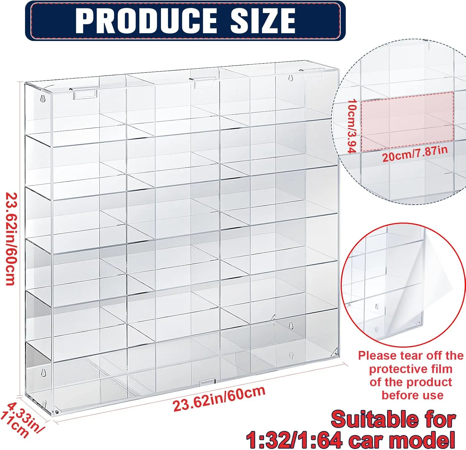 Juexica Clear Acrylic Toy Car Display Case 1: 32 Scale Diecast Display Box Wall Mounted Shelf for Storage Toy Car Mini Model Race(18 Grids)