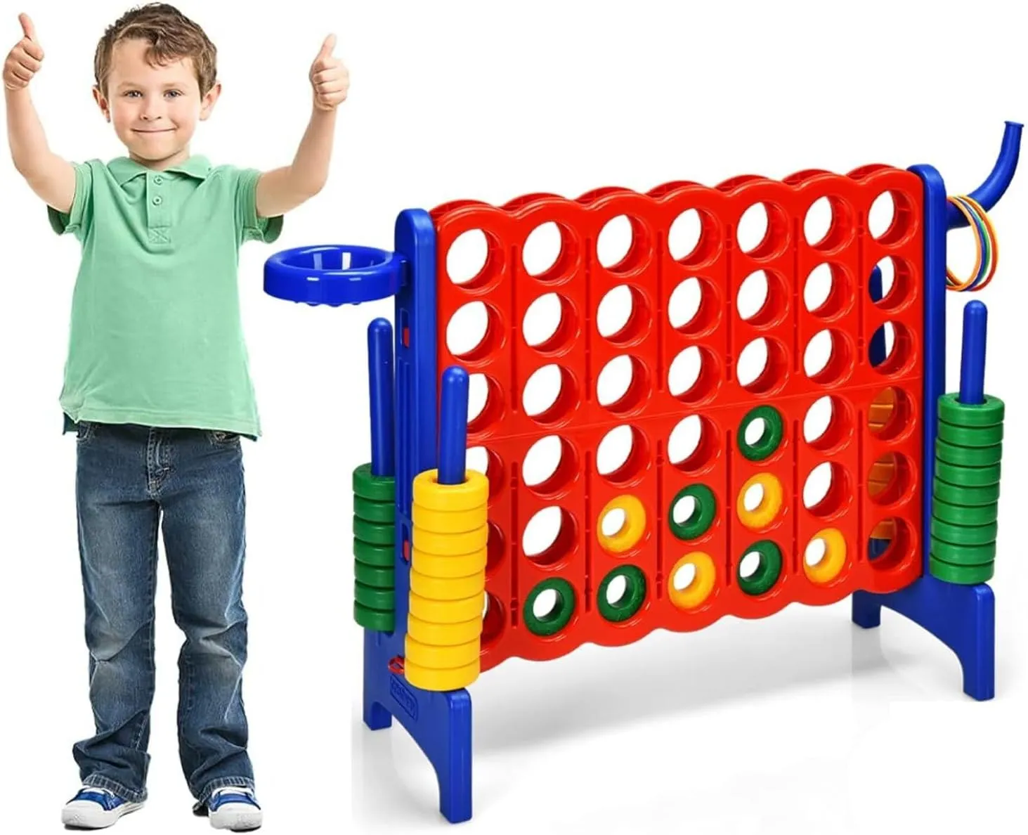 Jumbo 4-to-Score Giant Game Set, Giant 4-in-A-Row Connect Game with Basketball Hoop, Ring Game, 42 Jumbo Rings, Quick-Release Slider, Indoor & Outdoor Family Party Game for Kids & Adults