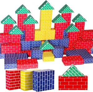 Junkin 48 Pcs Cardboard Building Blocks Extra Thick Jumbo Cardboard Blocks Pretend Blocks Rectangle Square Triangle Stacking Blocks for Kid Educational Learning Play Toys, Blue Yellow Red Green