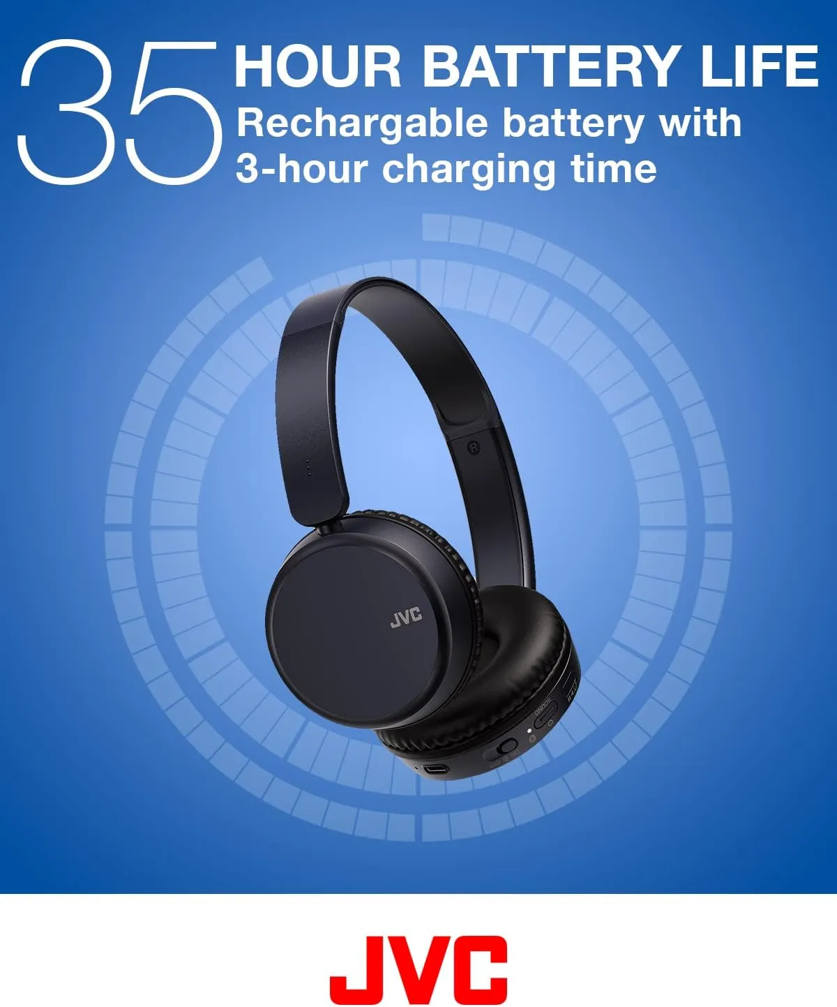 JVC Deep Bass Wireless Headphones, Bluetooth 5.2, Built-in EQ (Bass/Clear/Normal), Multi-Point Connection, Voice Assistant Compatible, 35 Hour Battery Life - HAS36WA (Blue), Small