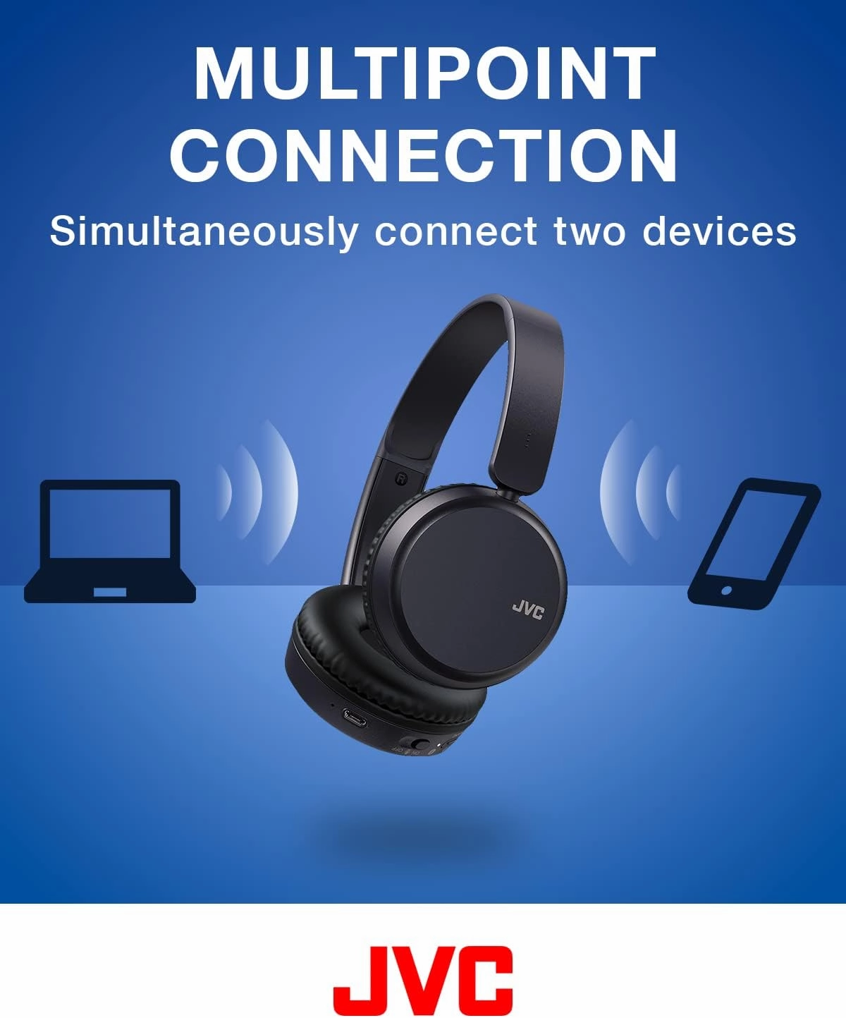 JVC Deep Bass Wireless Headphones, Bluetooth 5.2, Built-in EQ (Bass/Clear/Normal), Multi-Point Connection, Voice Assistant Compatible, 35 Hour Battery Life - HAS36WB (Black)