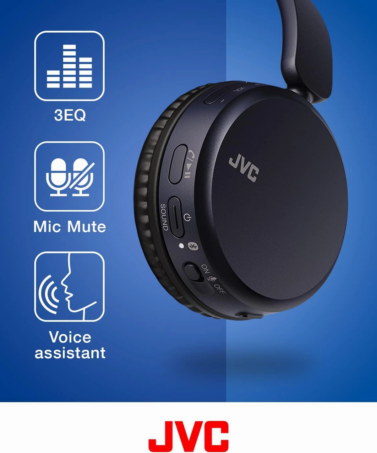 JVC Deep Bass Wireless Headphones, Bluetooth 5.2, Built-in EQ (Bass/Clear/Normal), Multi-Point Connection, Voice Assistant Compatible, 35 Hour Battery Life - HAS36WB (Black)
