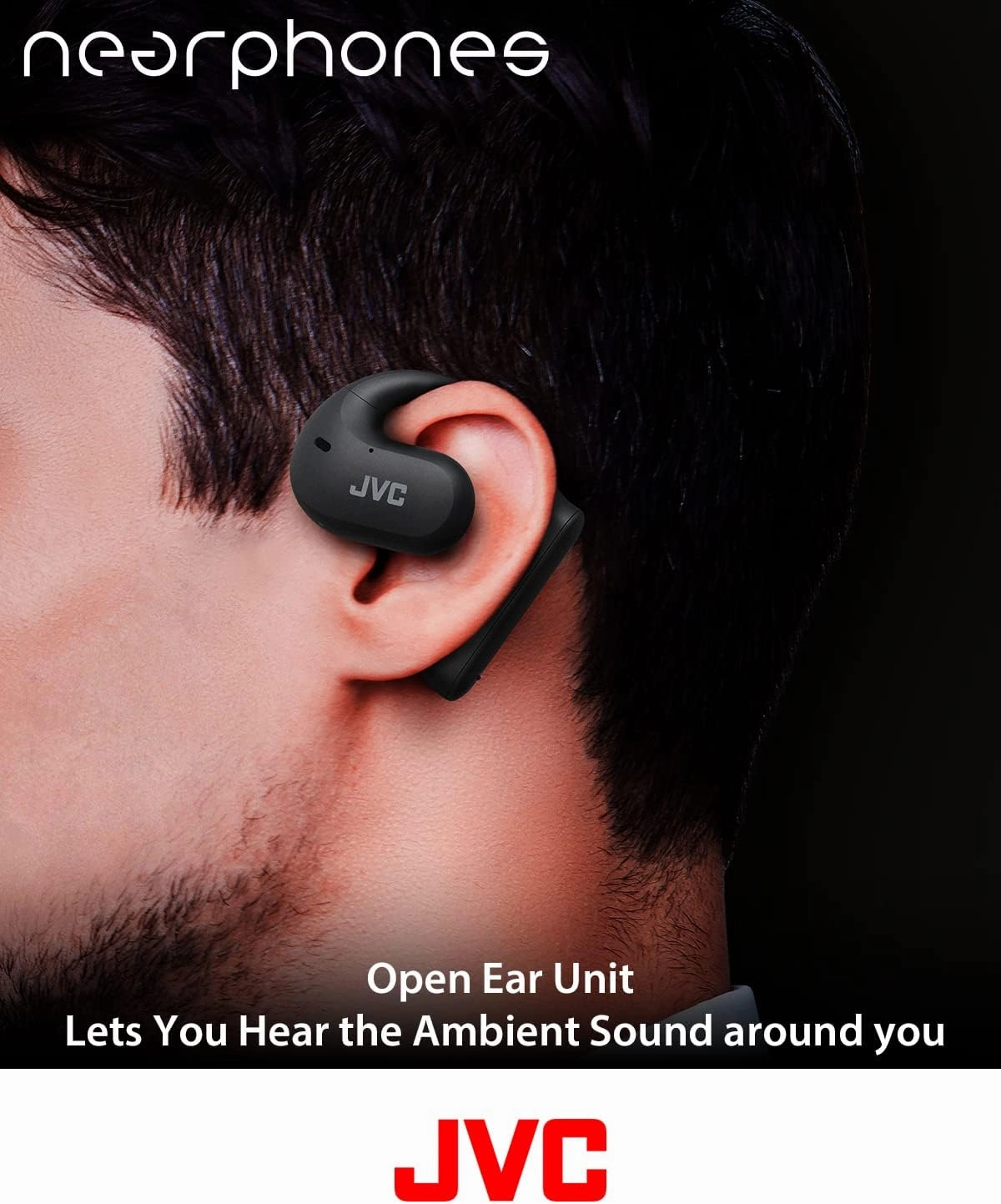 JVC Nearphones Open Ear True Wireless Headphones with 16mm Large Drivers for Powerful Sound, Single Ear use, and Long Battery Life (up to 17 Hours) - HANP35TW (Black)
