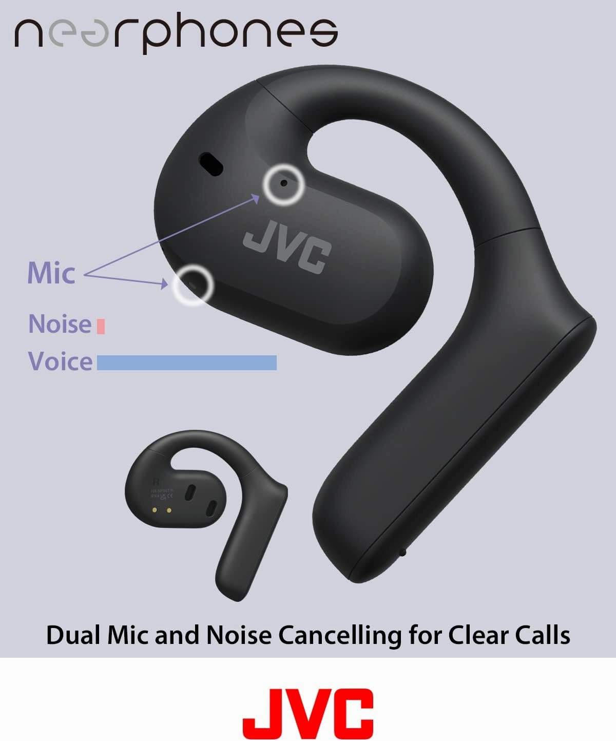 JVC Nearphones Open Ear True Wireless Headphones with 16mm Large Drivers for Powerful Sound, Single Ear use, and Long Battery Life (up to 17 Hours) - HANP35TW (Black)