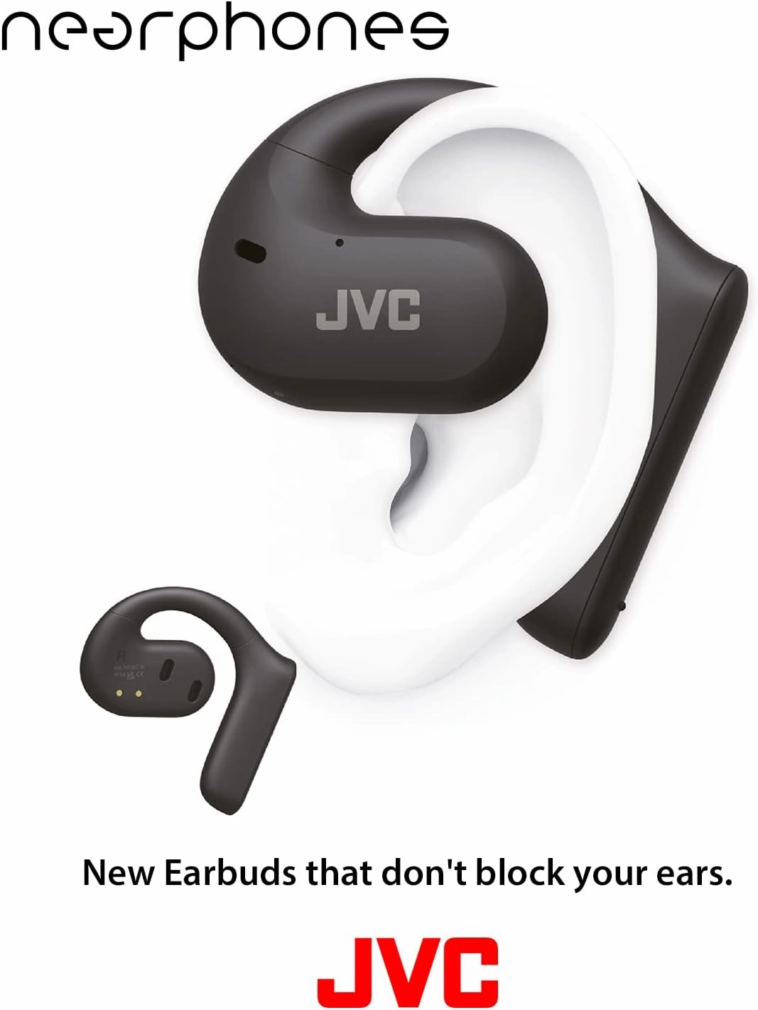 JVC Nearphones Open Ear True Wireless Headphones with 16mm Large Drivers for Powerful Sound, Single Ear use, and Long Battery Life (up to 17 Hours) - HANP35TW (Black)