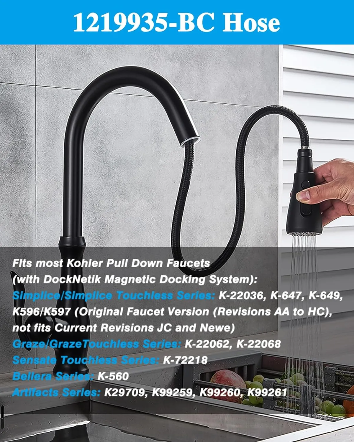 K-1219935-BC Hose Kit Compatible with Kohler Pull Down Kitchen Faucet with Docknetik Magnetic Docking System, 68 Inches Kitchen Faucet Hose Replacemnet Part of K-1304674-BC, Chrome Nut