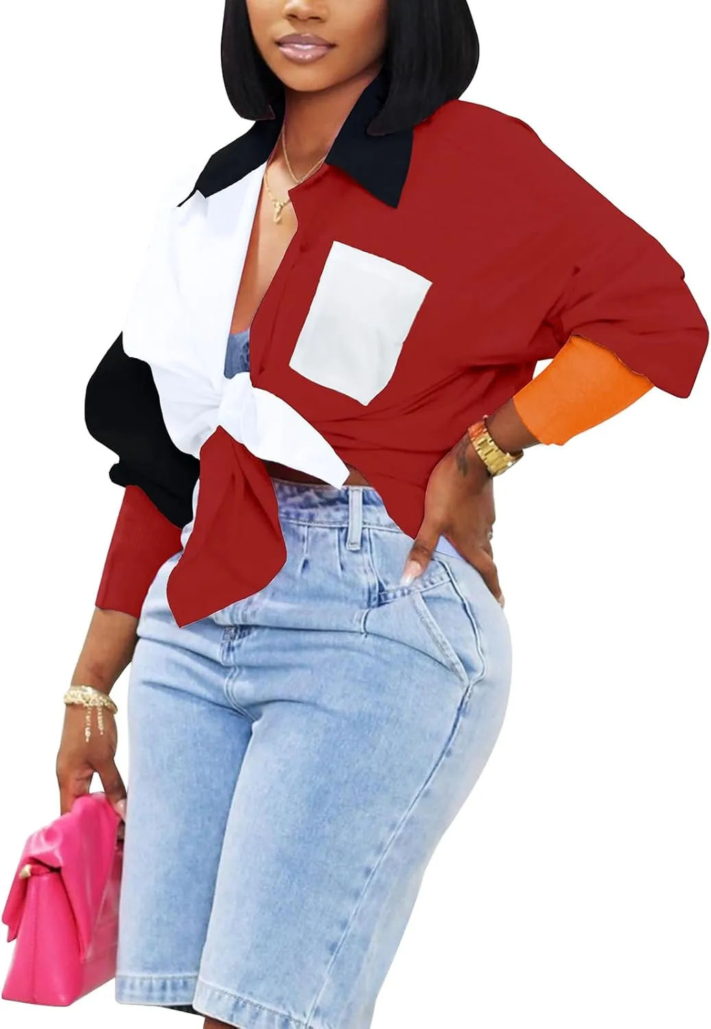 kaimimei Shirt Dress for Women Sexy-Color Block Letter Embroidery Button Down Long Sleeve Ribbed Cuff Club Blouse Mini Dress