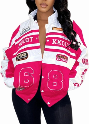 KANSOON Varsity Jacket Women Motorcycle Racer Detachable Letter Graphic Jackets Vintage Color Block Baseball Coat