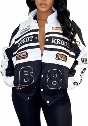 KANSOON Varsity Jacket Women Motorcycle Racer Detachable Letter Graphic Jackets Vintage Color Block Baseball Coat