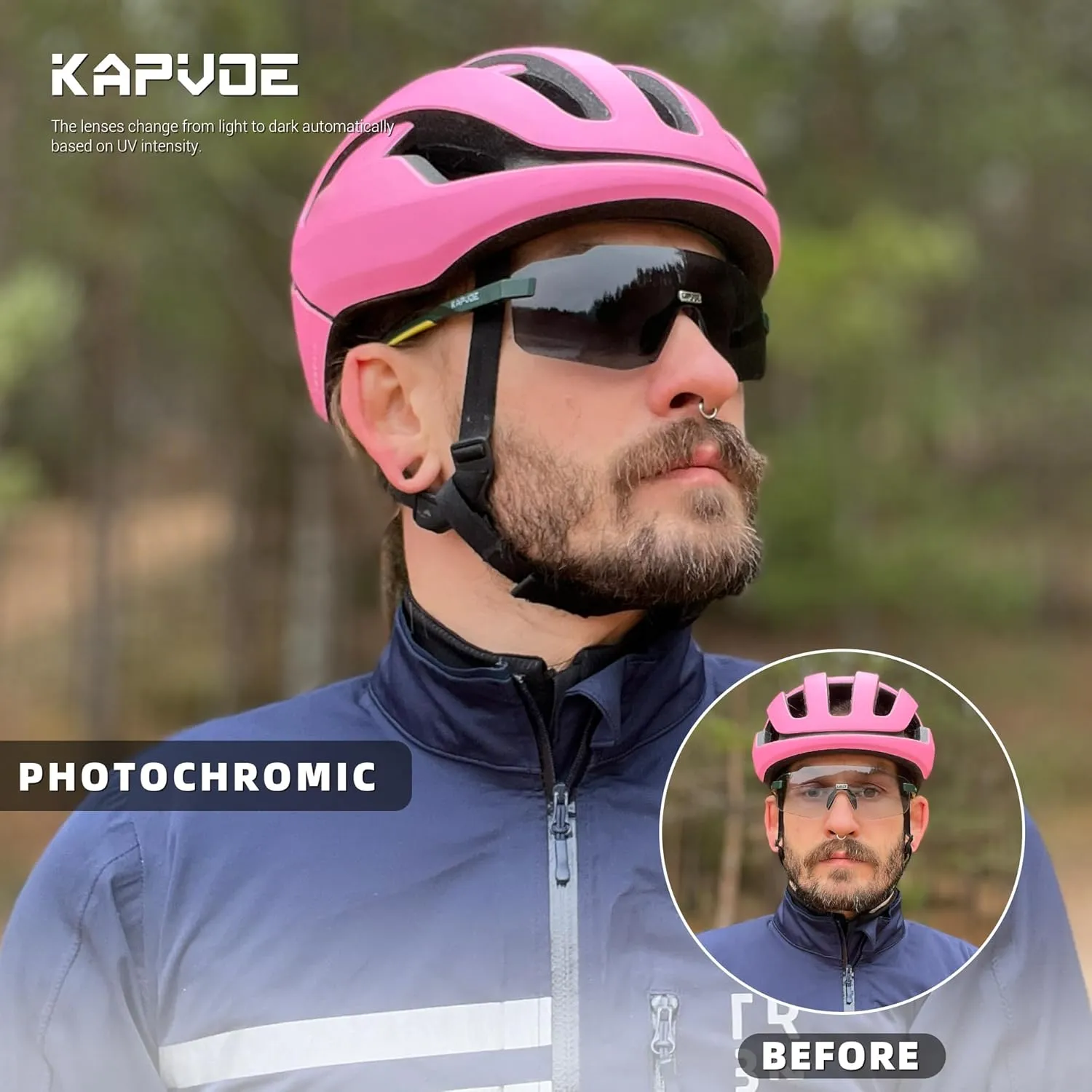 KAPVOE Photochromic Cycling Glasses for Men Women Sport Sunglasses UV Protection Driving Mountain Running MTB Frameless K341