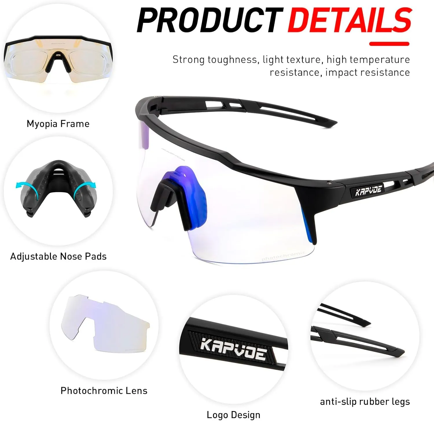 KAPVOE Photochromic Cycling Glasses Men Women Clear Transition Mountain Bike Sunglasses Sports Baseball Running - K9023