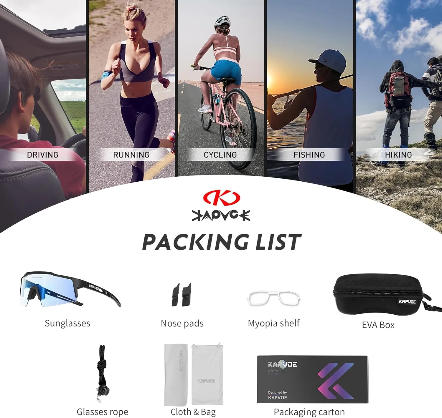 KAPVOE Photochromic Cycling Glasses Men Women Clear Transition Mountain Bike Sunglasses Sports Baseball Running - K9023