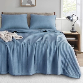 KASENTEX Quilt Mini Set-Stone Washed-Super Soft Bedspread-Light Weight-White Down Alternative Microfiber Fill-Machine Washable-Solid Colors, 2 King Shams, Blue