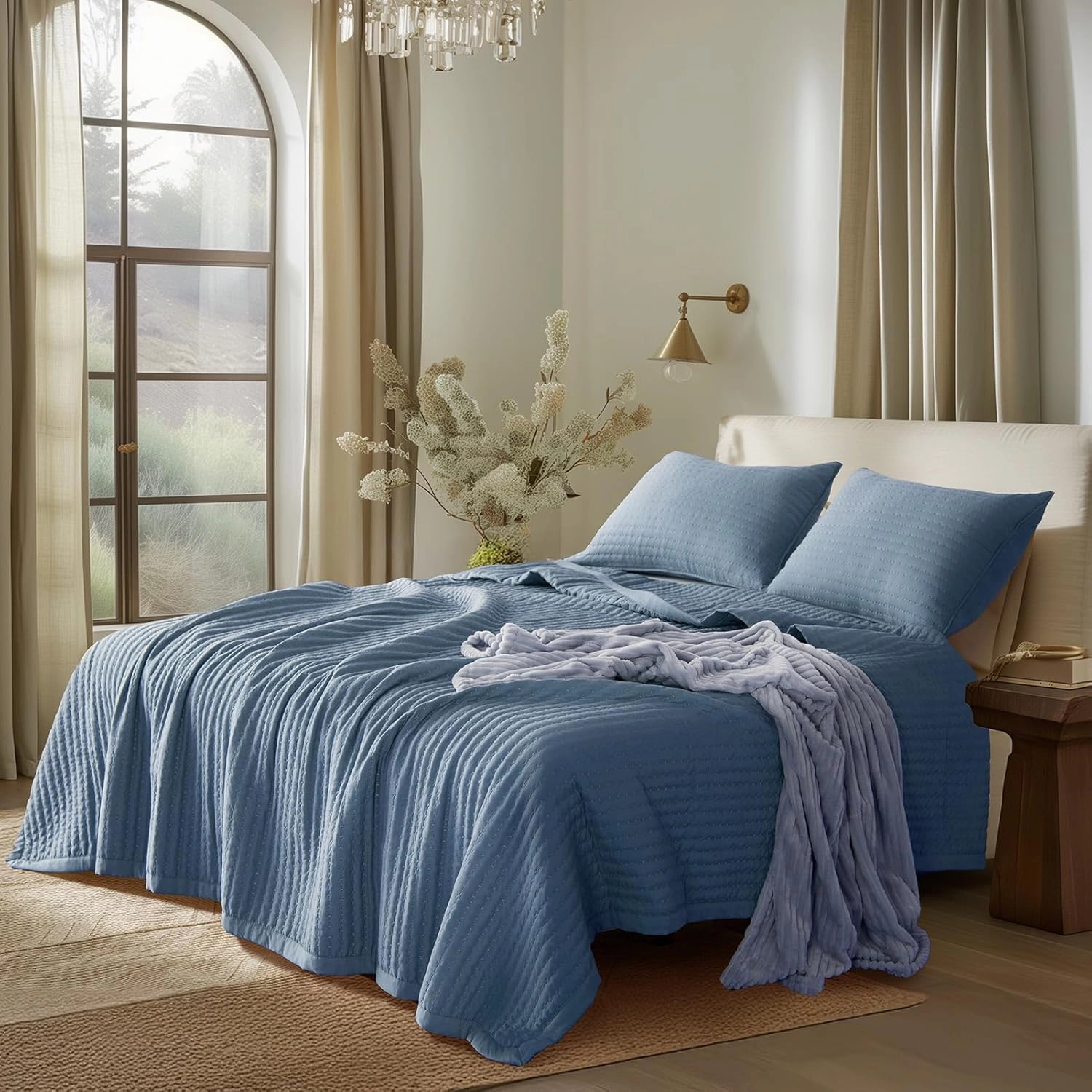 KASENTEX Quilt Mini Set-Stone Washed-Super Soft Bedspread-Light Weight-White Down Alternative Microfiber Fill-Machine Washable-Solid Colors, 2 King Shams, Blue