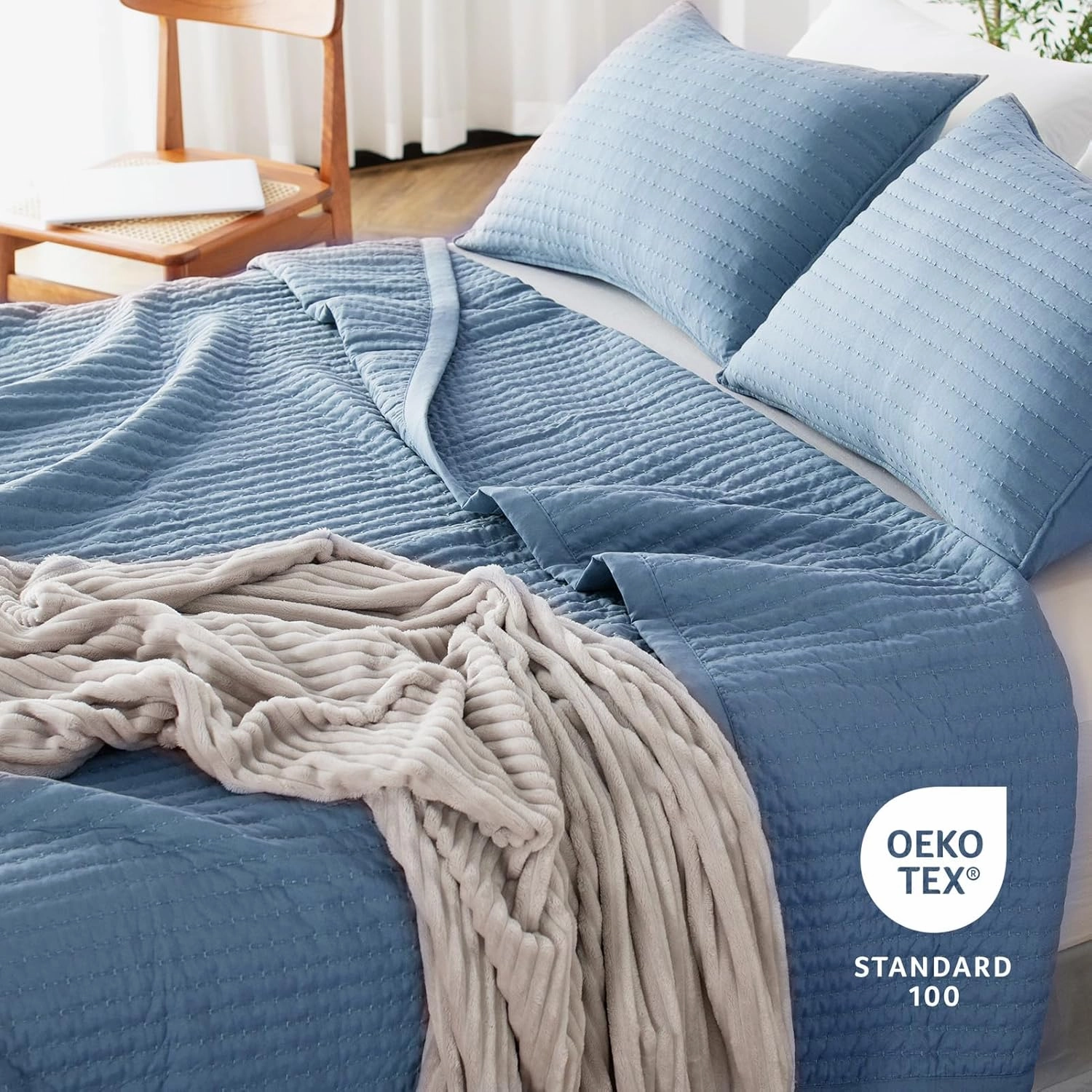 KASENTEX Quilt Mini Set-Stone Washed-Super Soft Bedspread-Light Weight-White Down Alternative Microfiber Fill-Machine Washable-Solid Colors, 2 King Shams, Blue