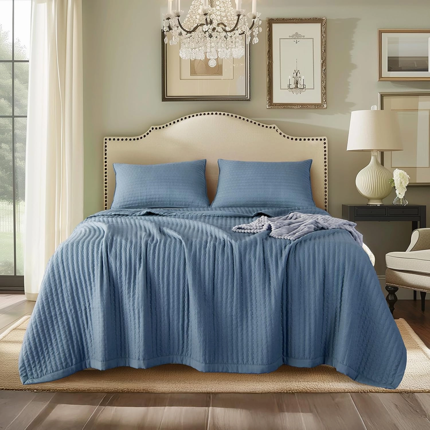 KASENTEX Quilt Mini Set-Stone Washed-Super Soft Bedspread-Light Weight-White Down Alternative Microfiber Fill-Machine Washable-Solid Colors, 2 King Shams, Blue