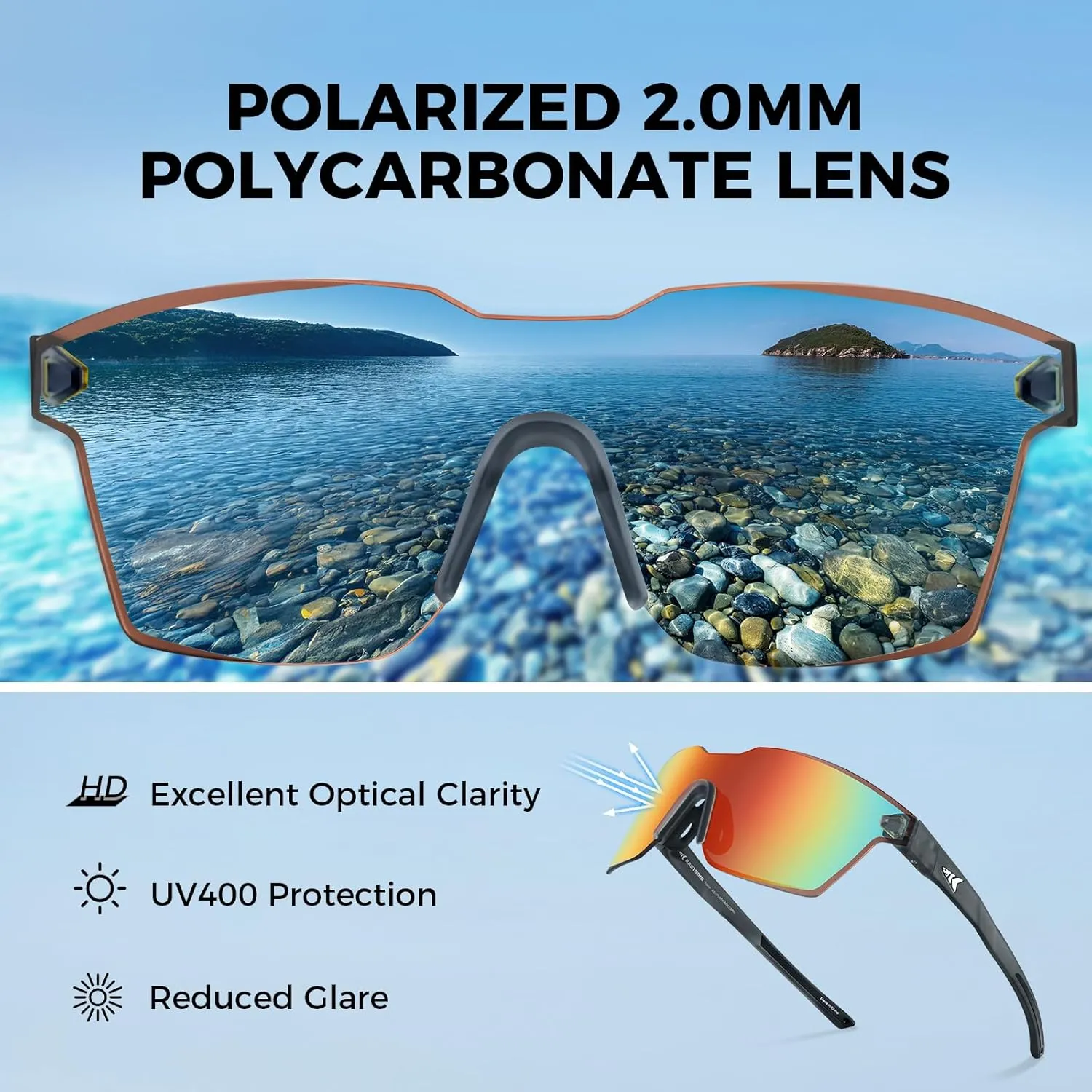 KastKing Tarkio Polarized Fishing Sunglasses, Large Single PC Lenses, Rimless Wrap Design, UV400 Protection Sports Sunglasses