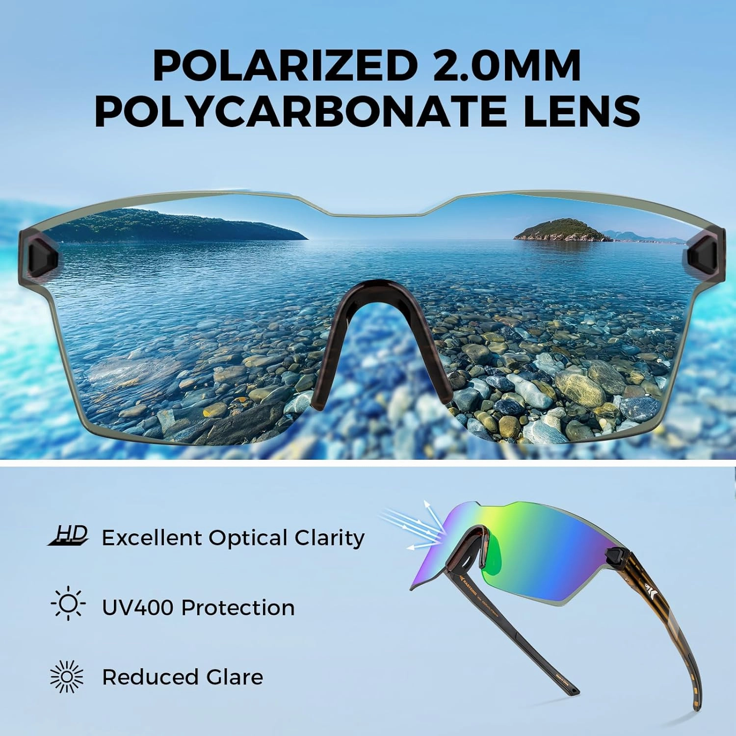 KastKing Tarkio Polarized Fishing Sunglasses, Large Single PC Lenses, Rimless Wrap Design, UV400 Protection Sports Sunglasses