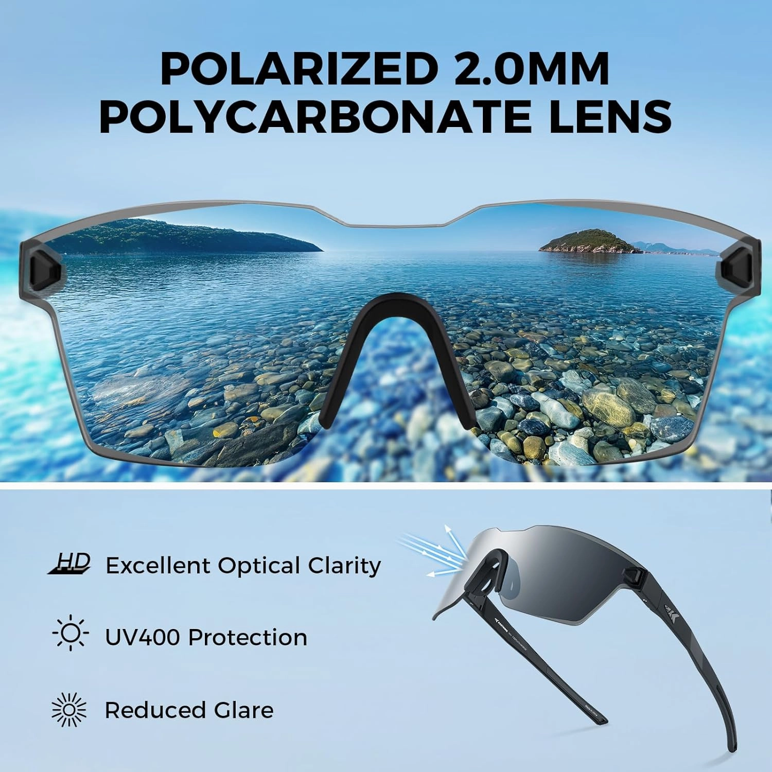 KastKing Tarkio Polarized Fishing Sunglasses, Large Single PC Lenses, Rimless Wrap Design, UV400 Protection Sports Sunglasses