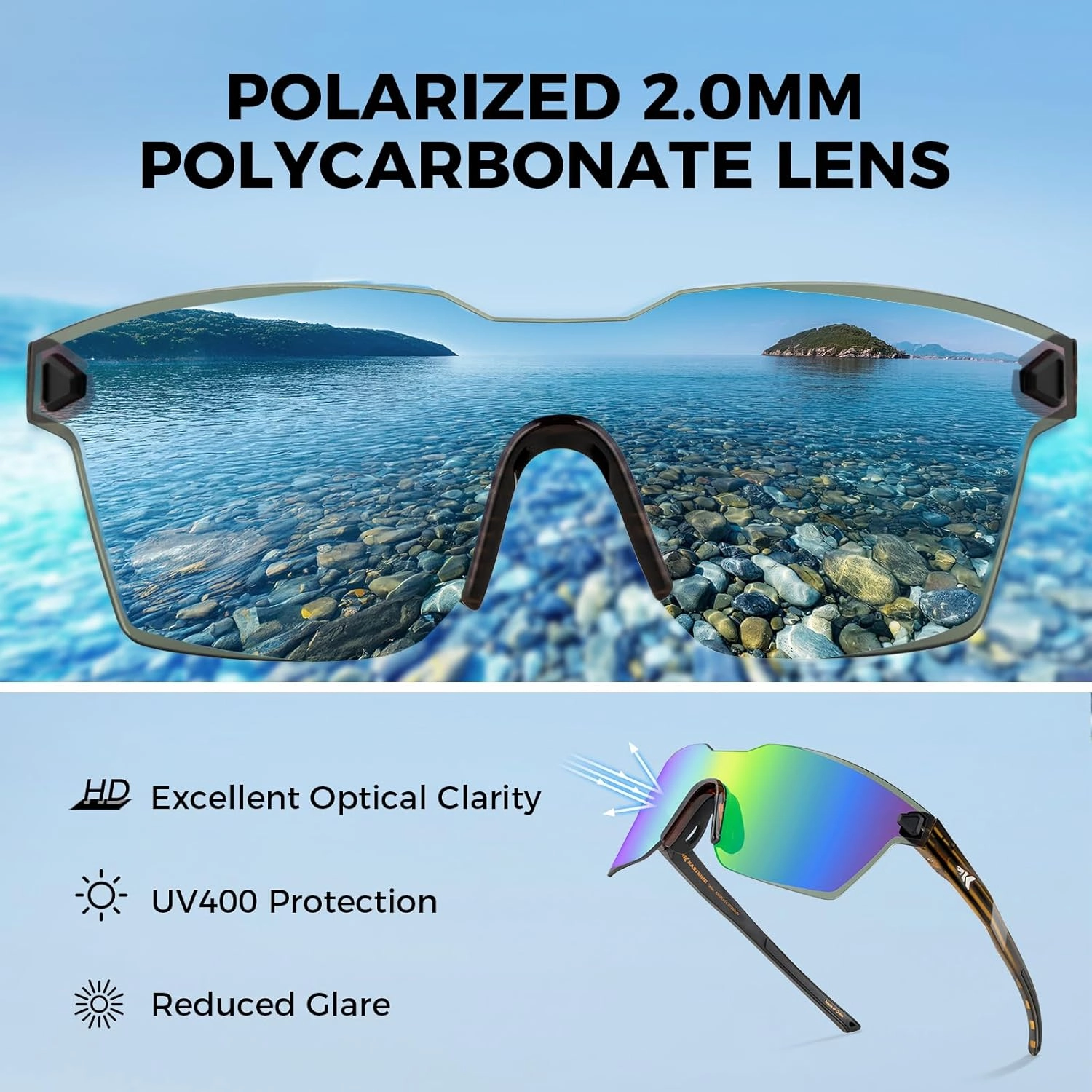 KastKing Tarkio Polarized Fishing Sunglasses, Large Single PC Lenses, Rimless Wrap Design, UV400 Protection Sports Sunglasses