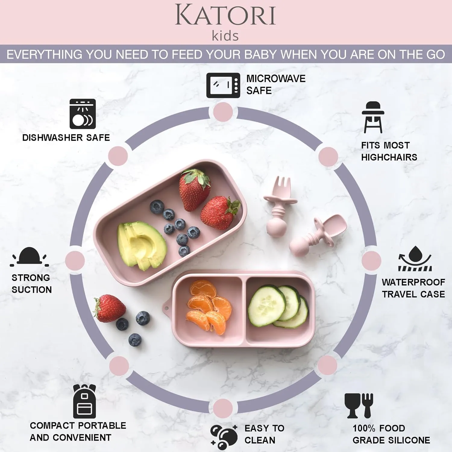 KATORI KIDS Suction Plate for Baby To Go | 5pc Travel Silicone Baby Plate Feeding Set with Travel Bag | Toddler Plate | Baby Travel Essential | Baby Bowl | Platos para Bebes