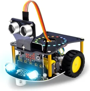 KEYESTUDIO Microbit Robot Car for Programming Robotics Education Makecode Blocks Learning (with Micro:bit V2 Board), Tracking Mode, RGB Light, Remote APP Control, Obstacle Avoidance, Play Music