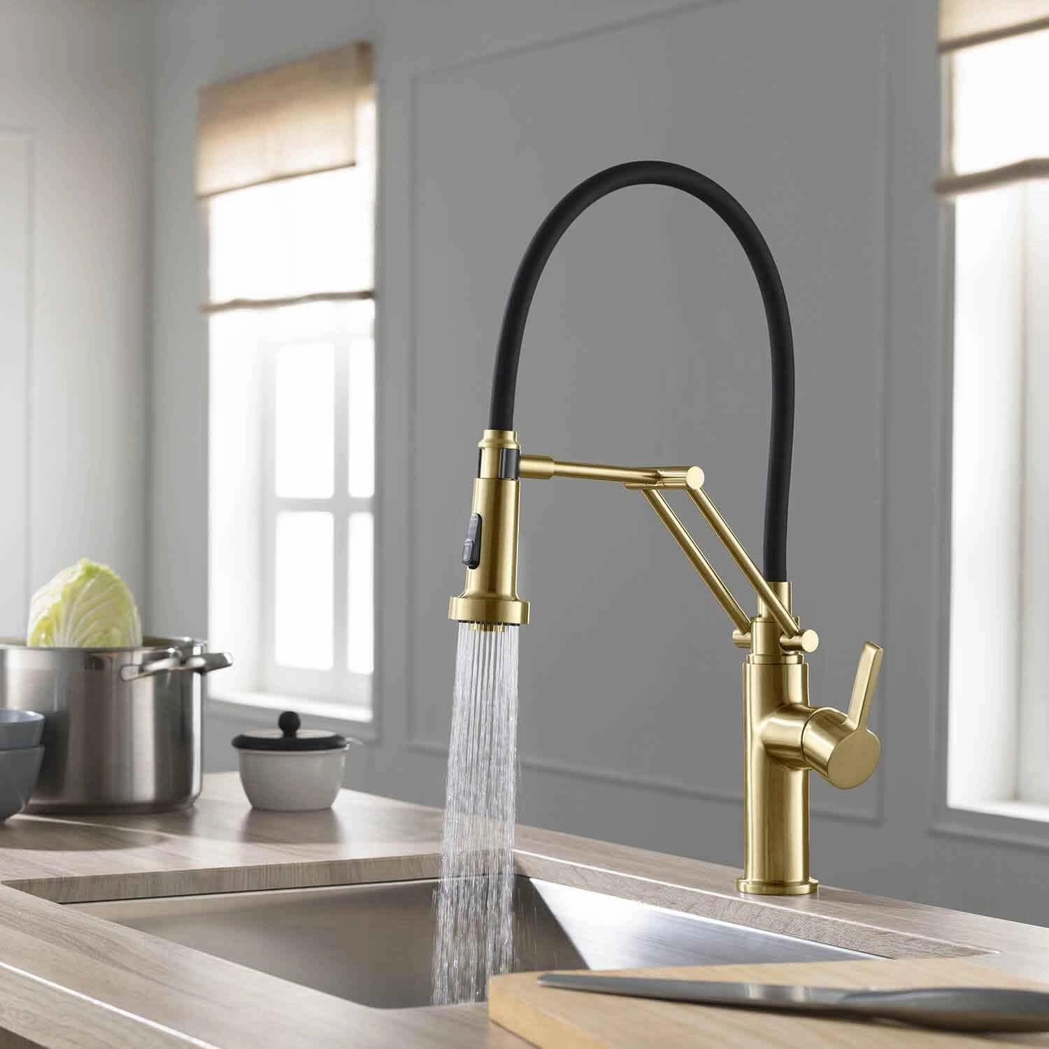KIBI Engel Kitchen Faucet with Pull Down Sprayer | Single Handle High Arc Brass Spout | Durable and Easy-to-Use Pull Down Kitchen Sink Faucet | Brushed Gold Finish, KKF2014