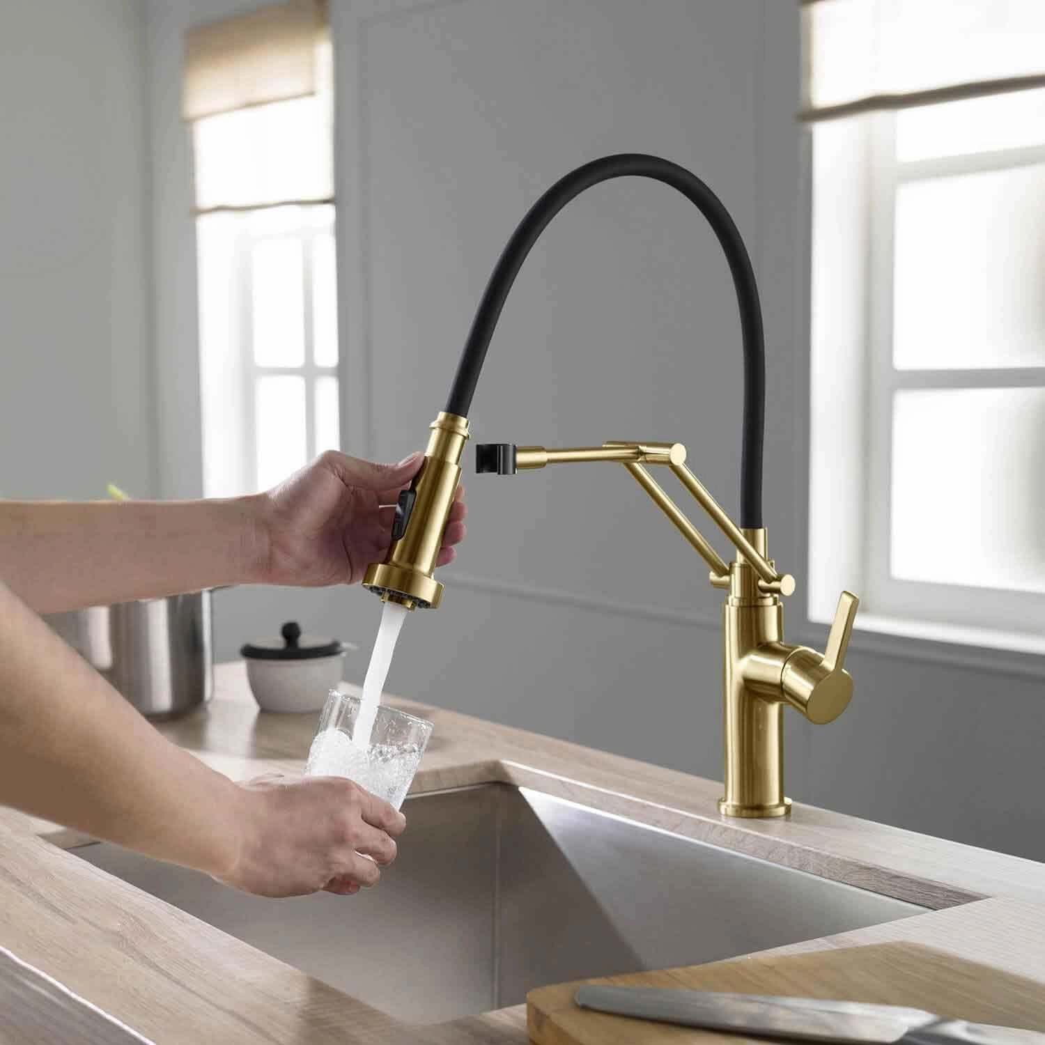 KIBI Engel Kitchen Faucet with Pull Down Sprayer | Single Handle High Arc Brass Spout | Durable and Easy-to-Use Pull Down Kitchen Sink Faucet | Brushed Gold Finish, KKF2014