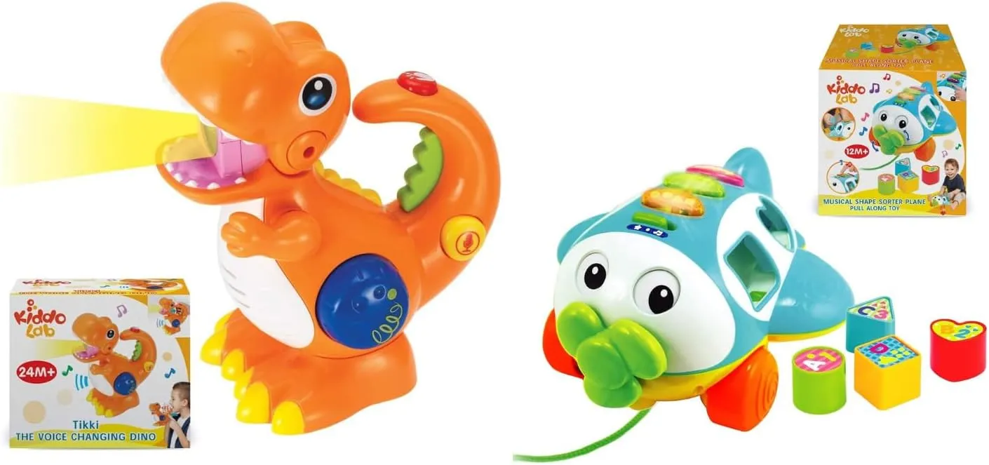 KiddoLab Tikki The Dino & Musical Shape Sorter Plane Combo - Voice-Changing Dinosaur & Educational Airplane Pull-Along Toy for Toddlers.